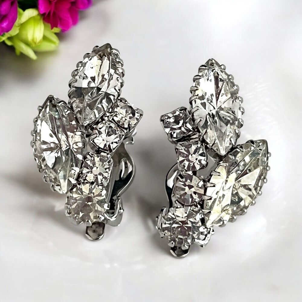 Vintage 1960s Clip On Earrings Rhinestone Navette Cluster Silver Tone - 10Y